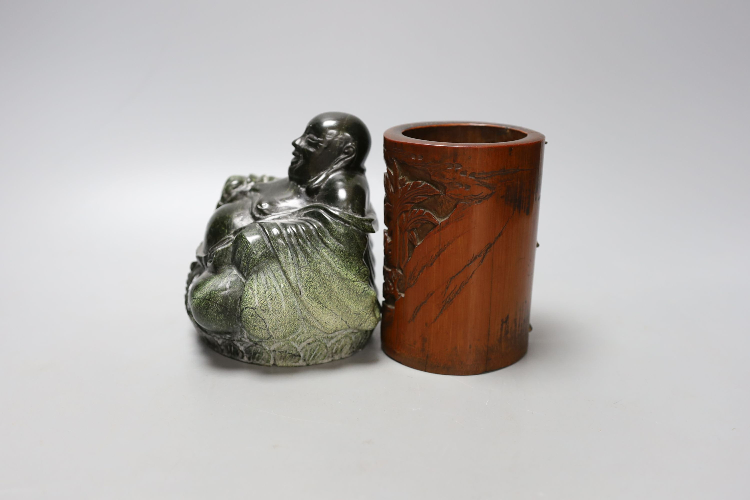 A Chinese bamboo brush pot, 13cm tall, and a green hardstone figure of Budai